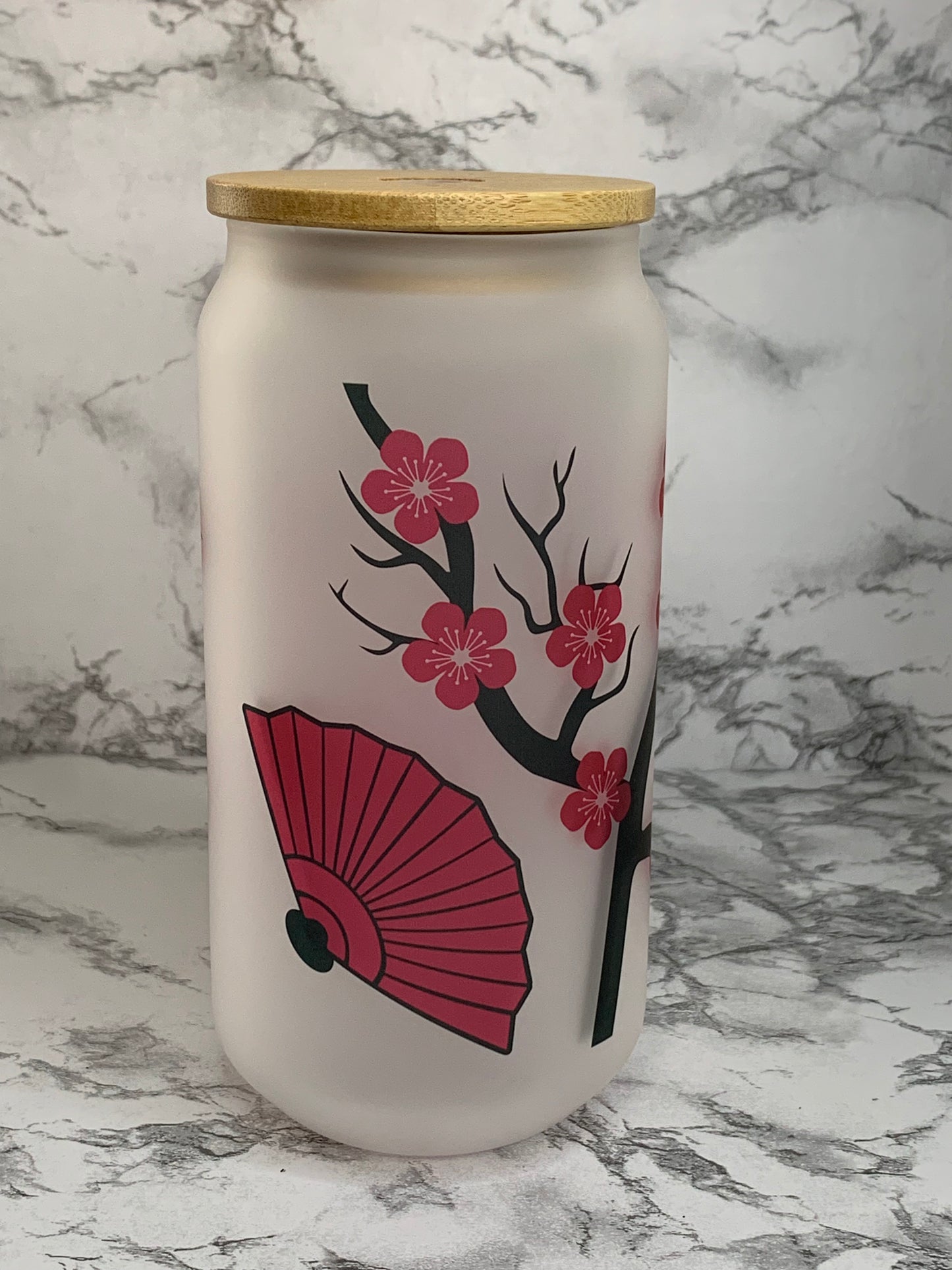 Cherry Blossom and Fans 18 oz Glass Cup