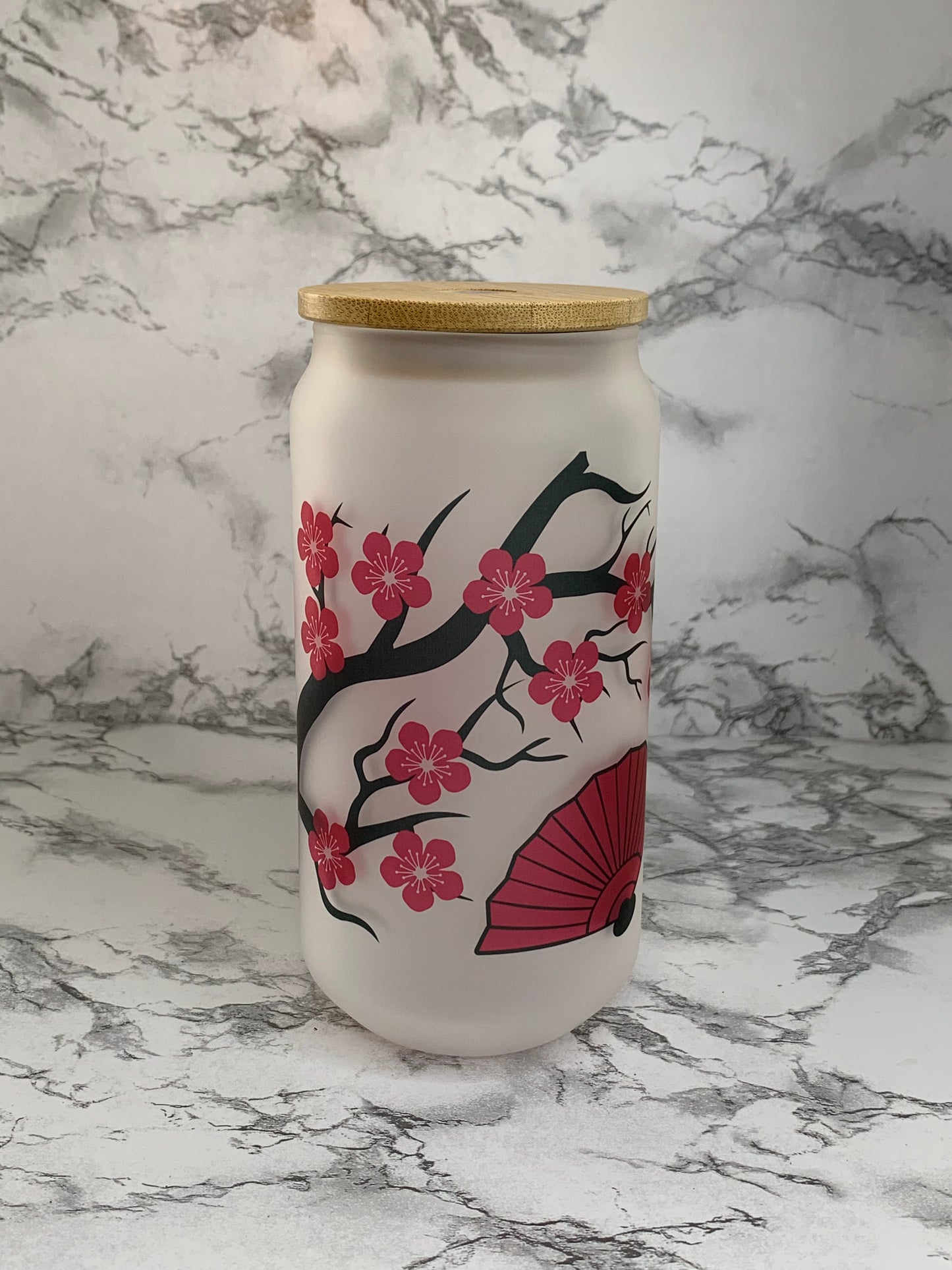 Cherry Blossom and Fans 18 oz Glass Cup