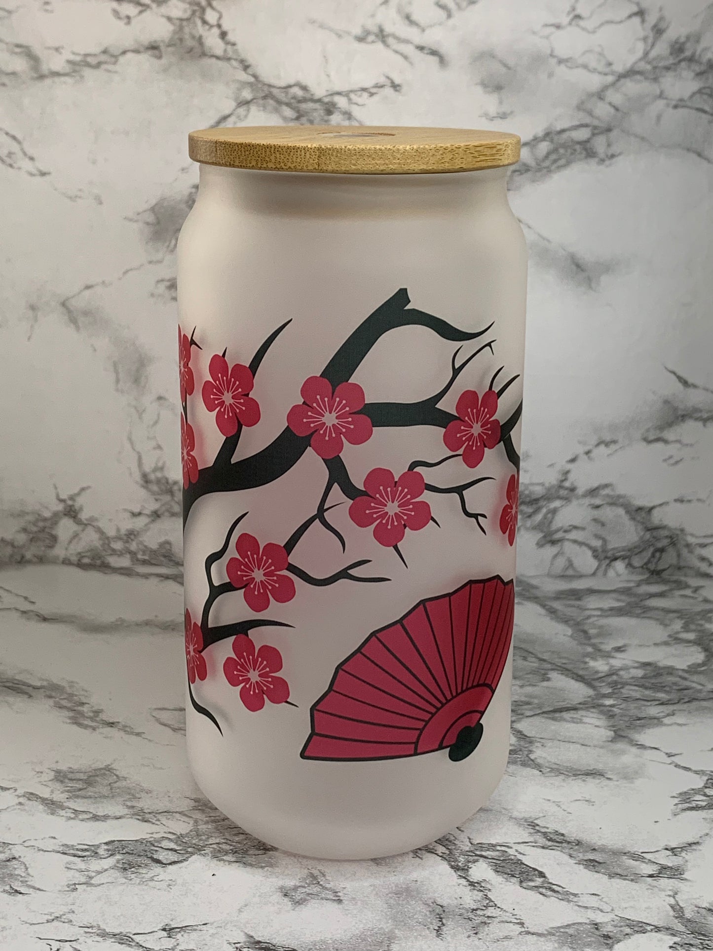 Cherry Blossom and Fans 18 oz Glass Cup