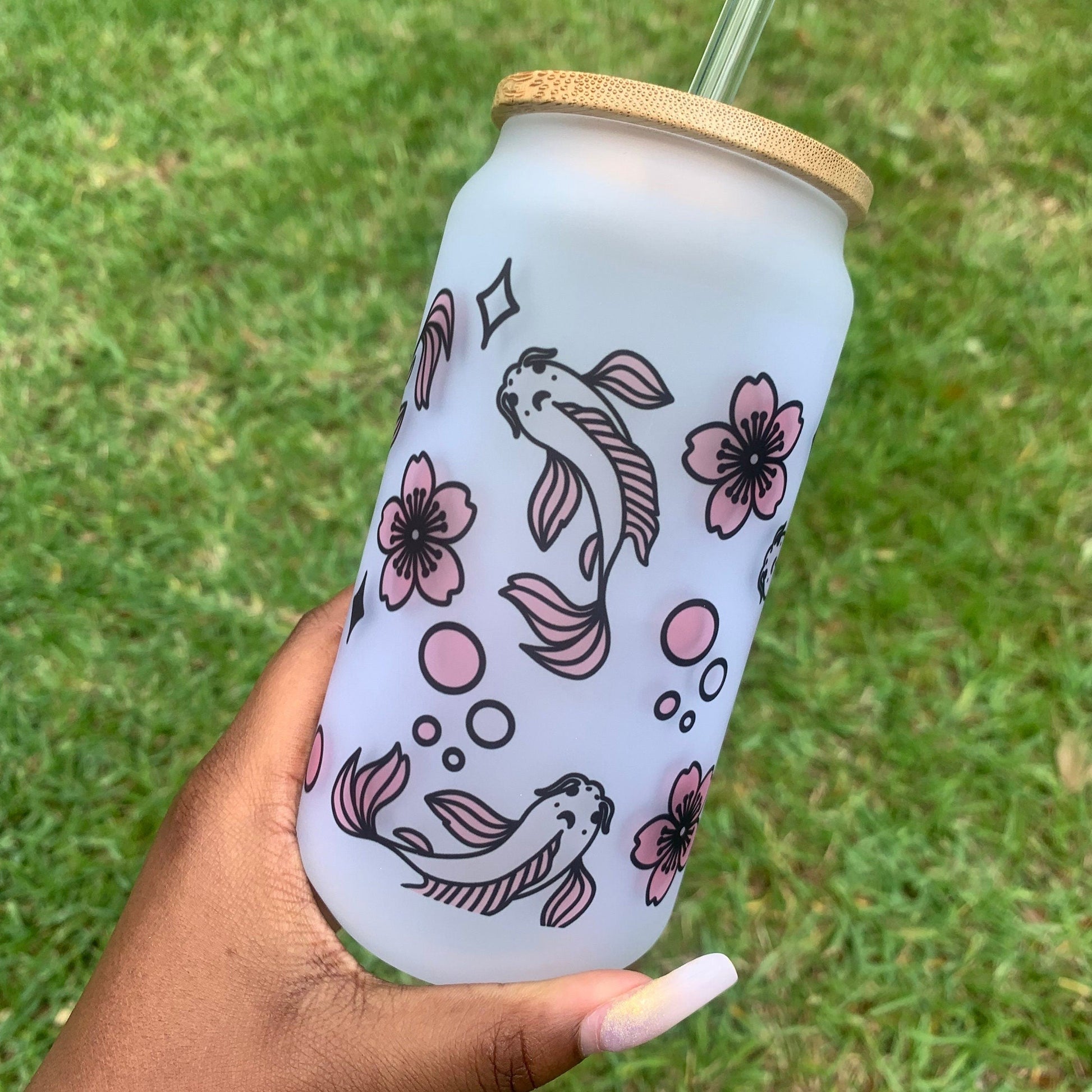 Cute Cherry Blossoms and Koi Fish 18 oz Libbey Glass Cup