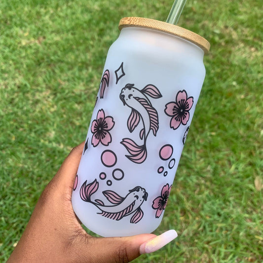 Cute Cherry Blossoms and Koi Fish 18 oz Libbey Glass Cup