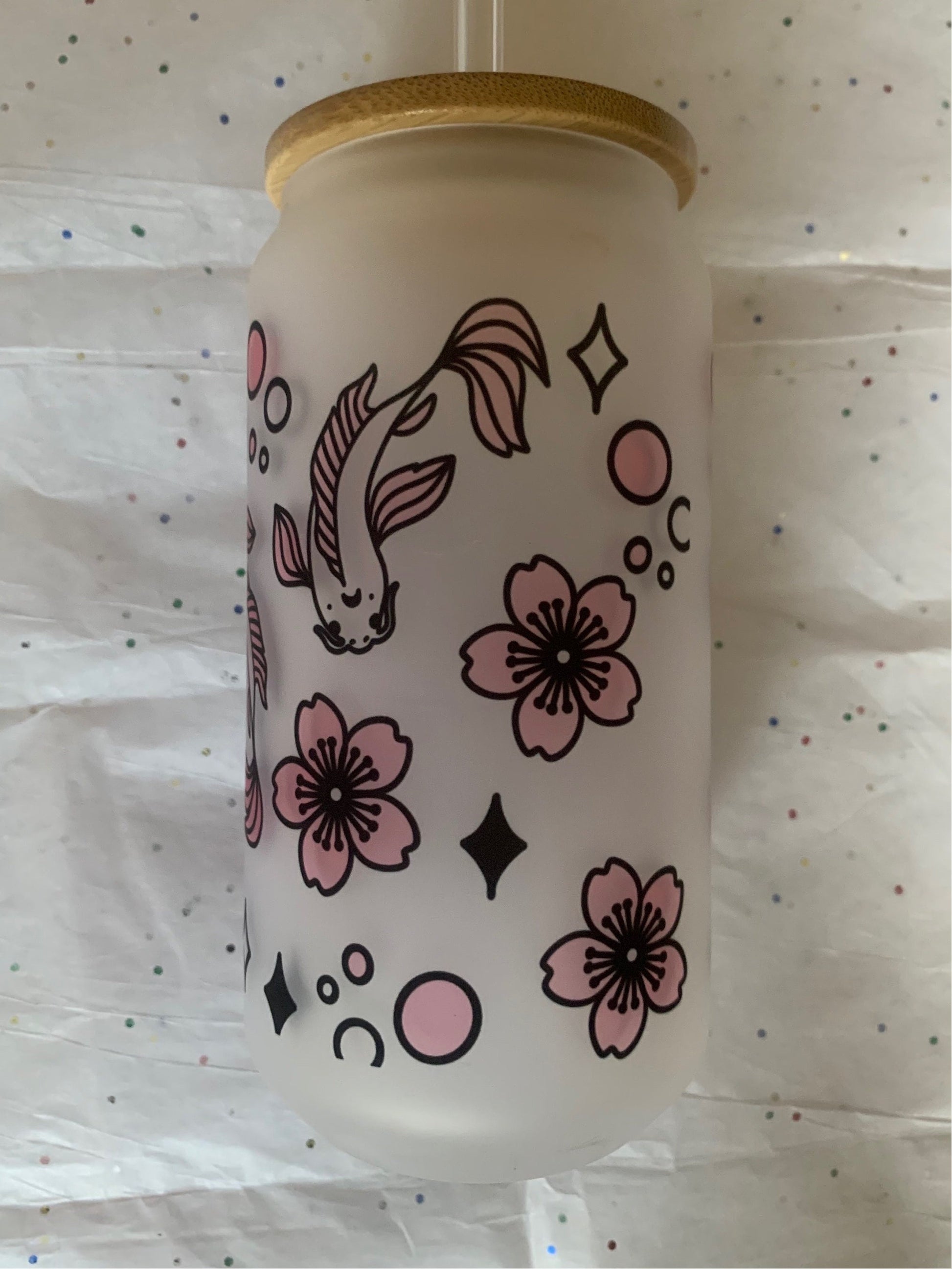 Cute Cherry Blossoms and Koi Fish 18 oz Libbey Glass Cup