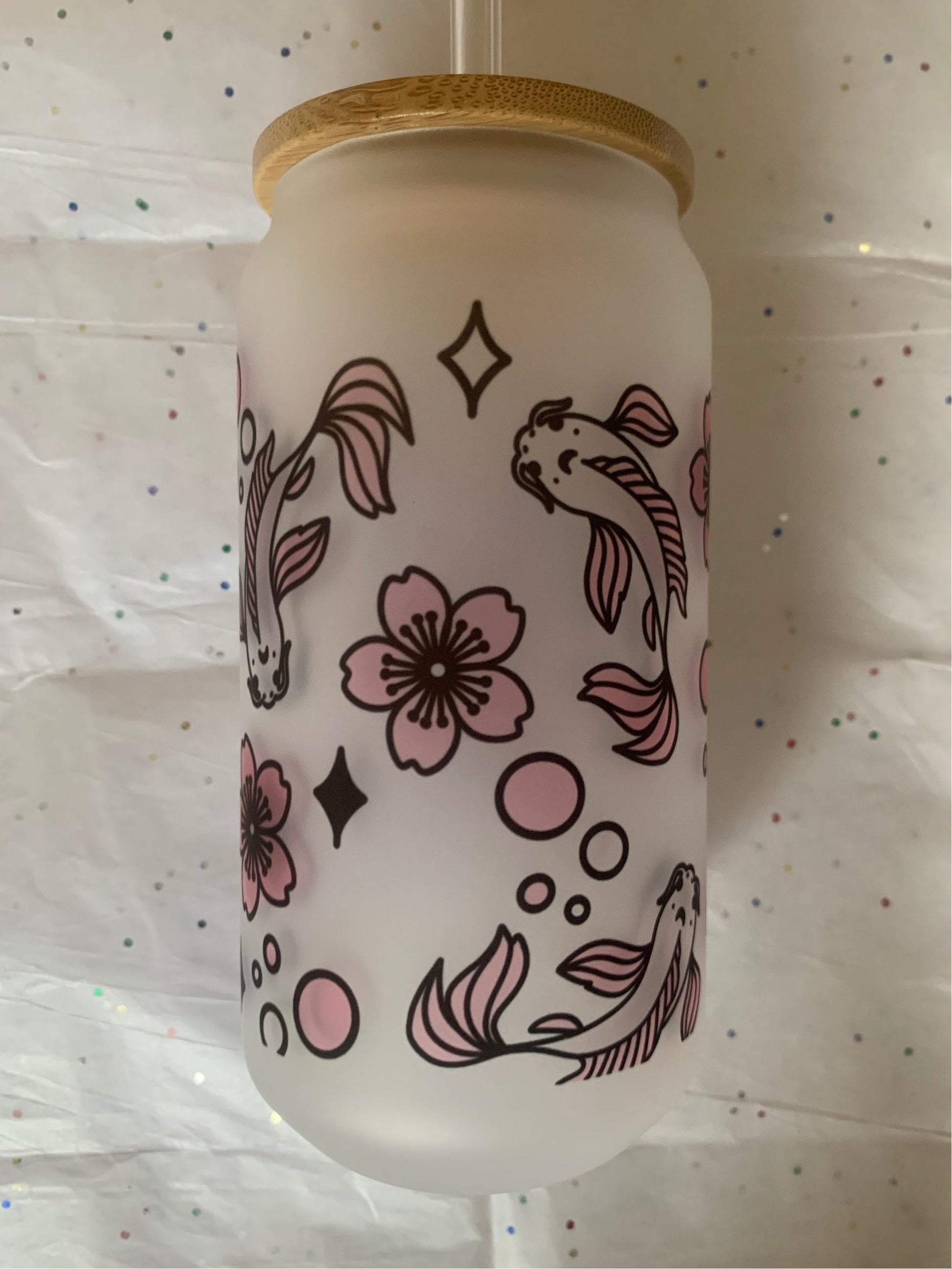 Cute Cherry Blossoms and Koi Fish 18 oz Libbey Glass Cup