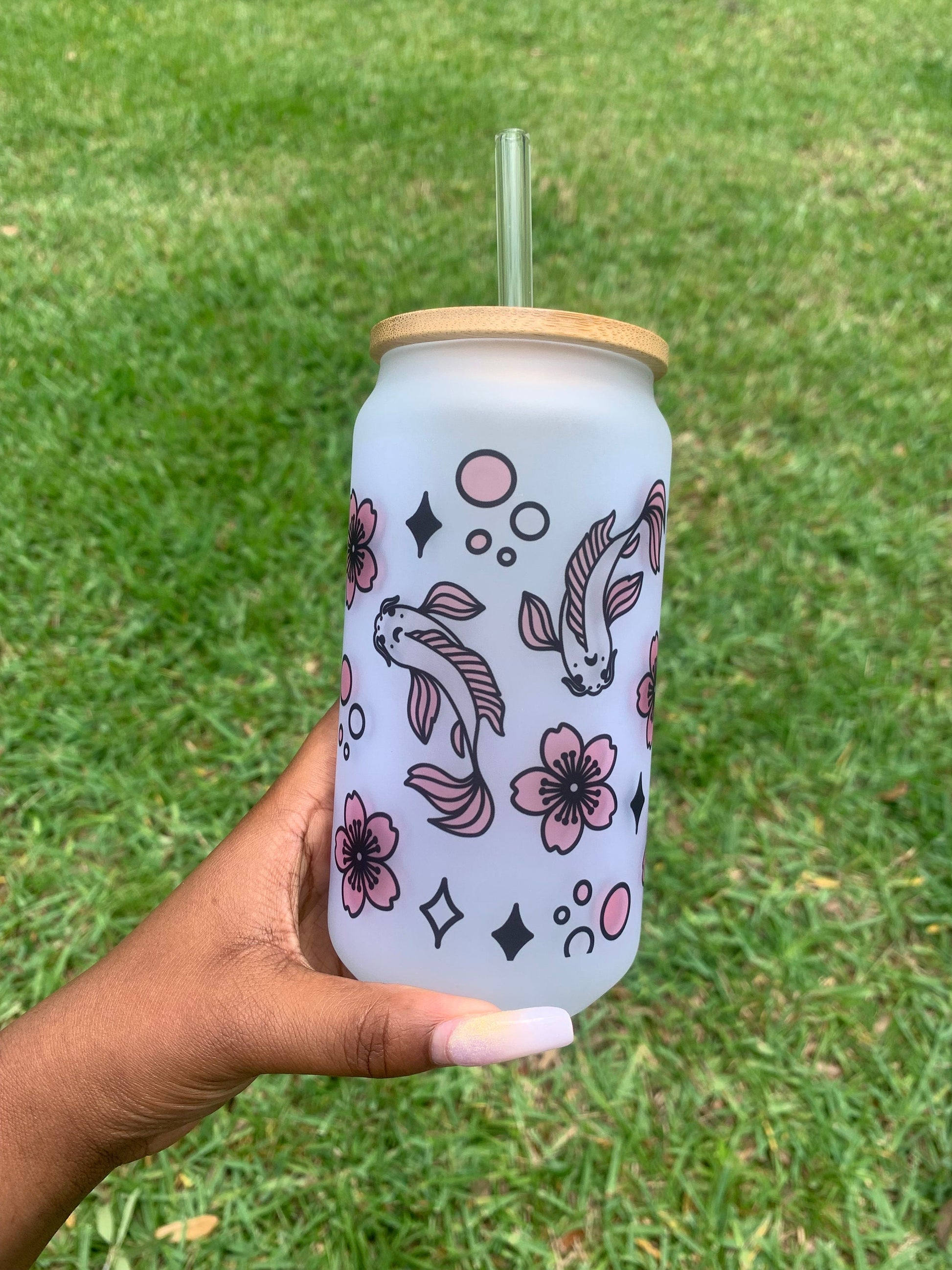 Cute Cherry Blossoms and Koi Fish 18 oz Libbey Glass Cup