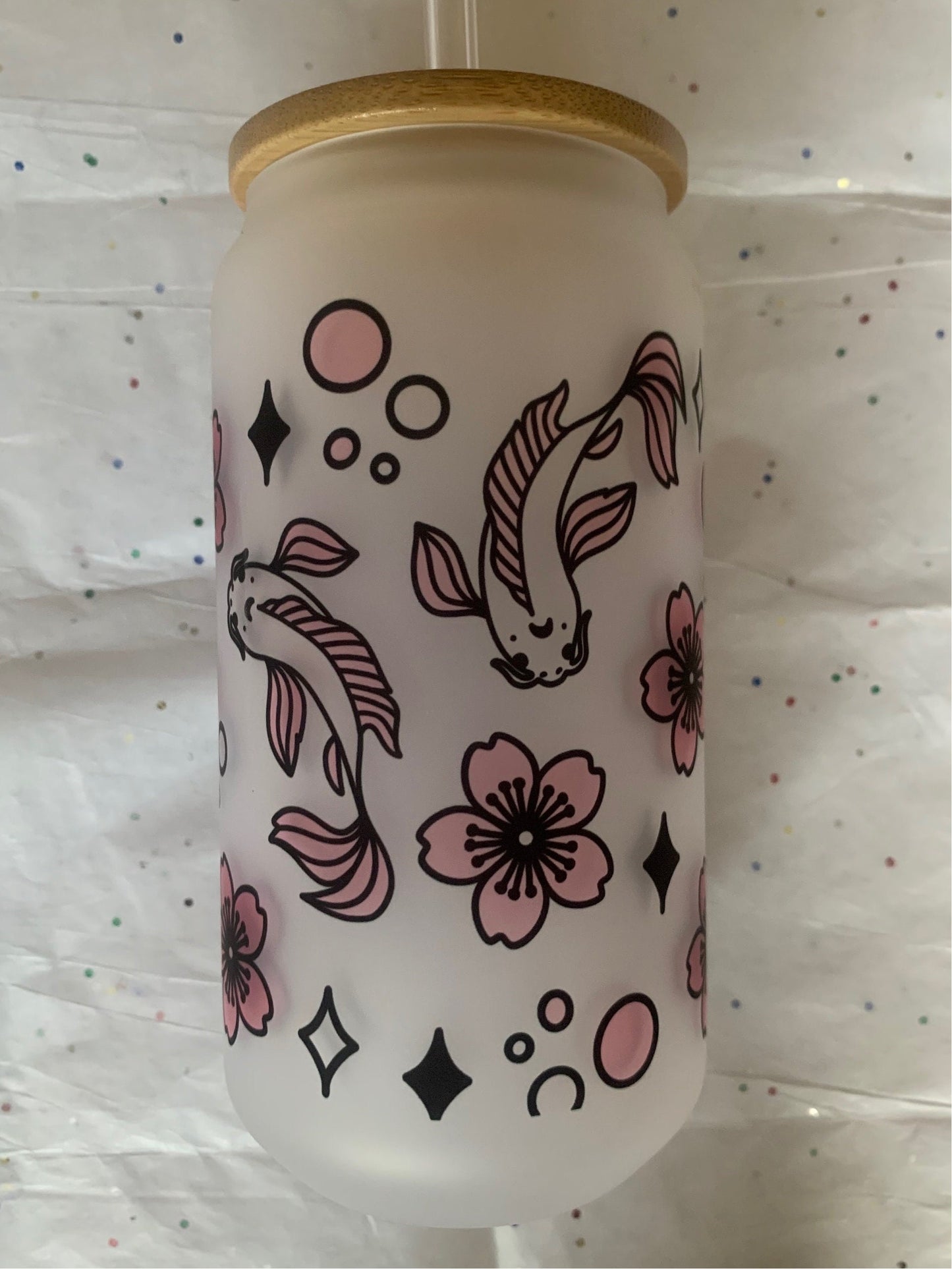 Cute Cherry Blossoms and Koi Fish 18 oz Libbey Glass Cup