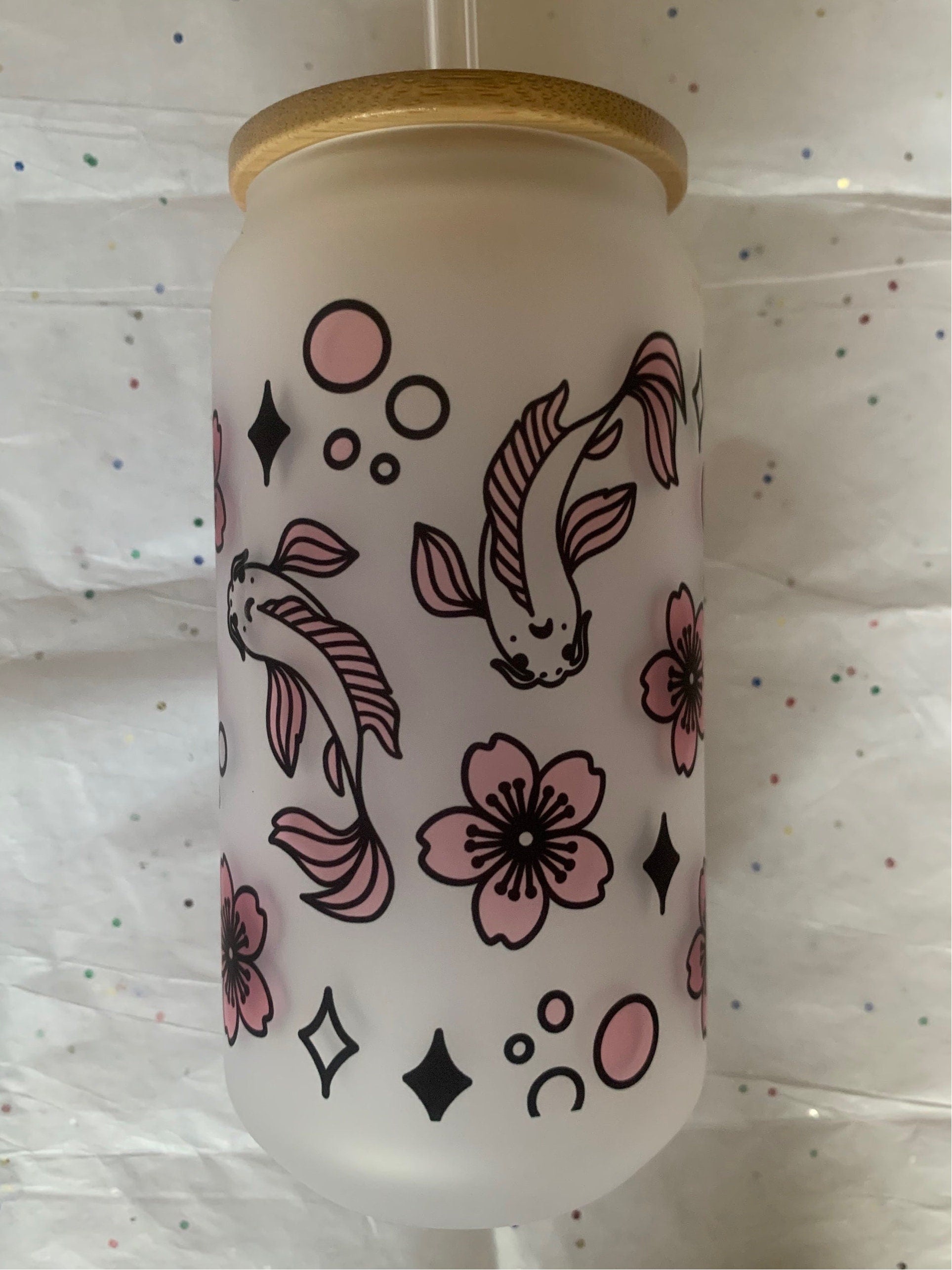 Cute Cherry Blossoms and Koi Fish 18 oz Libbey Glass Cup