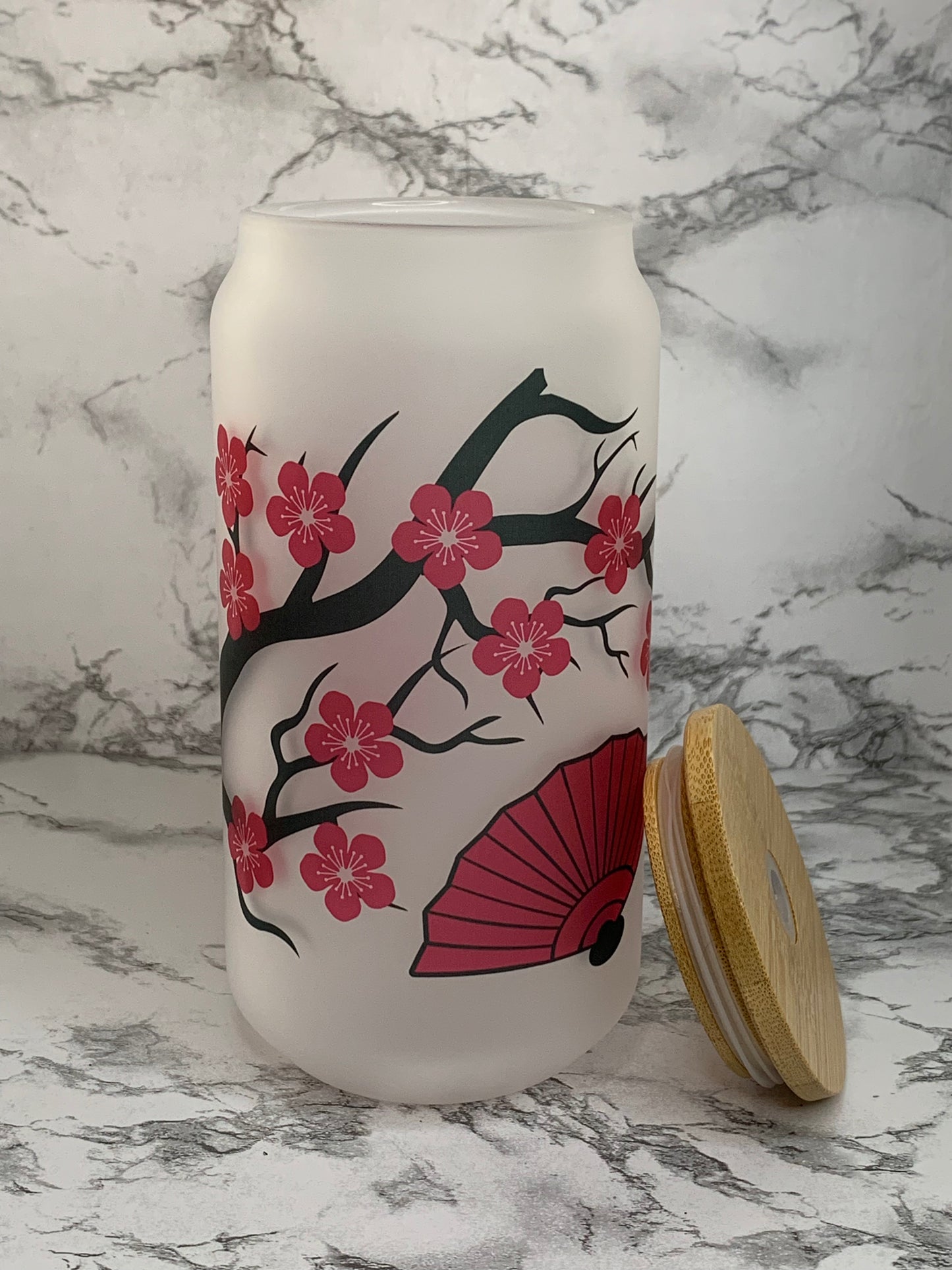 Cherry Blossom and Fans 18 oz Glass Cup