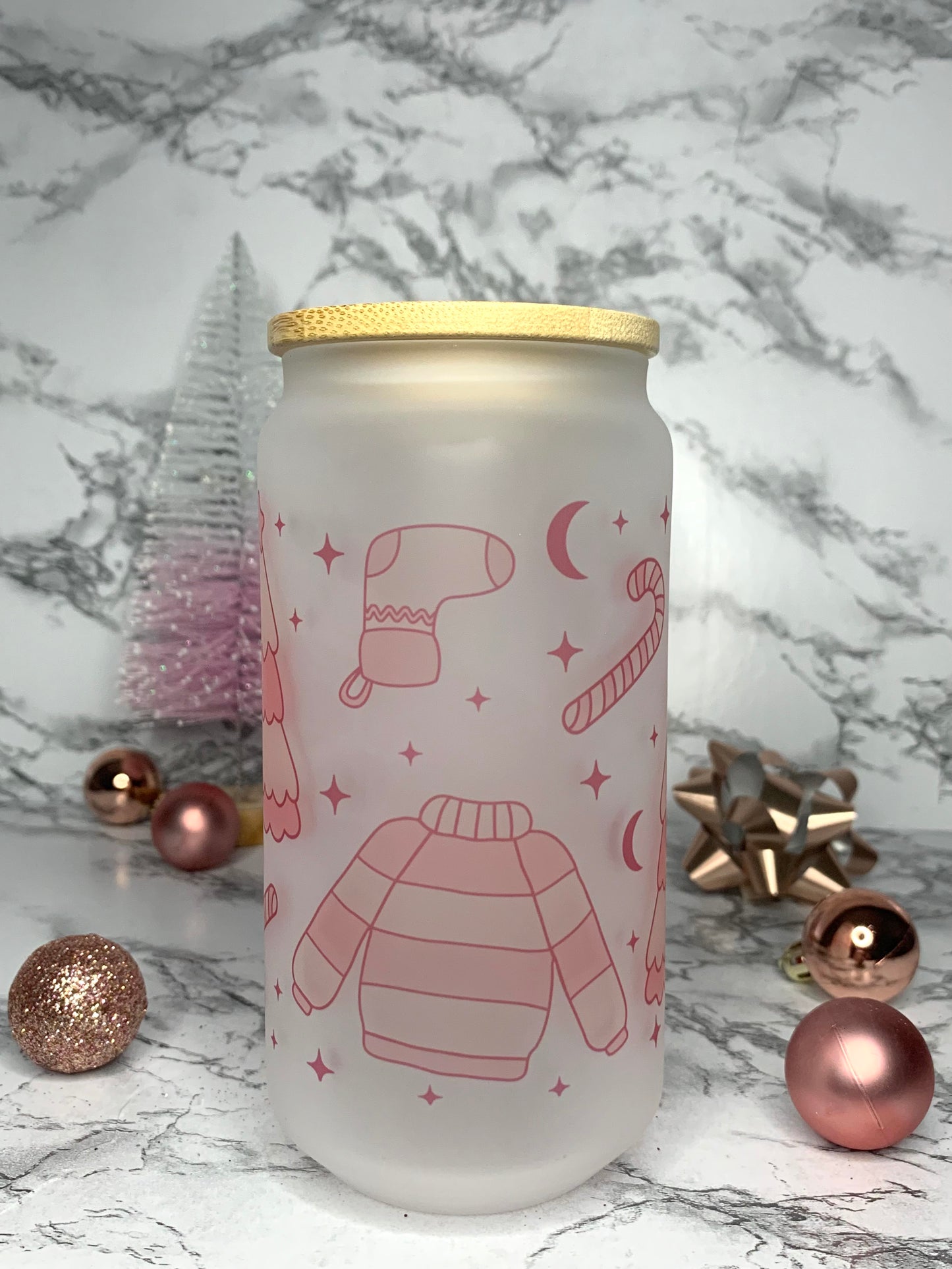 Pink Christmas Sweaters and Trees Glass Cup