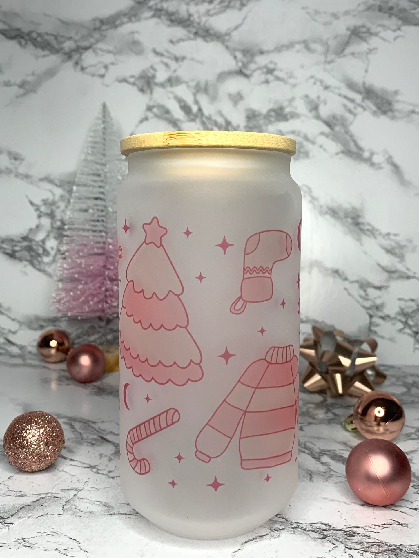 Pink Christmas Sweaters and Trees Glass Cup
